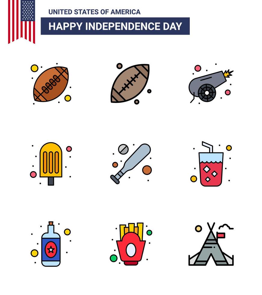 USA Independence Day Flat Filled Line Set of 9 USA Pictograms of hardball baseball army ice cream cream Editable USA Day Vector Design Elements