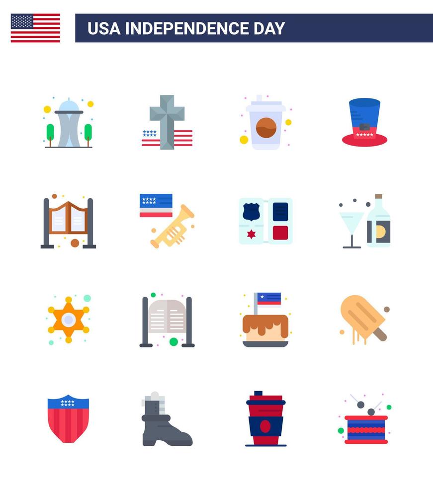 Flat Pack of 16 USA Independence Day Symbols of saloon door cola usa hat Editable USA Day Vector Design Elements
