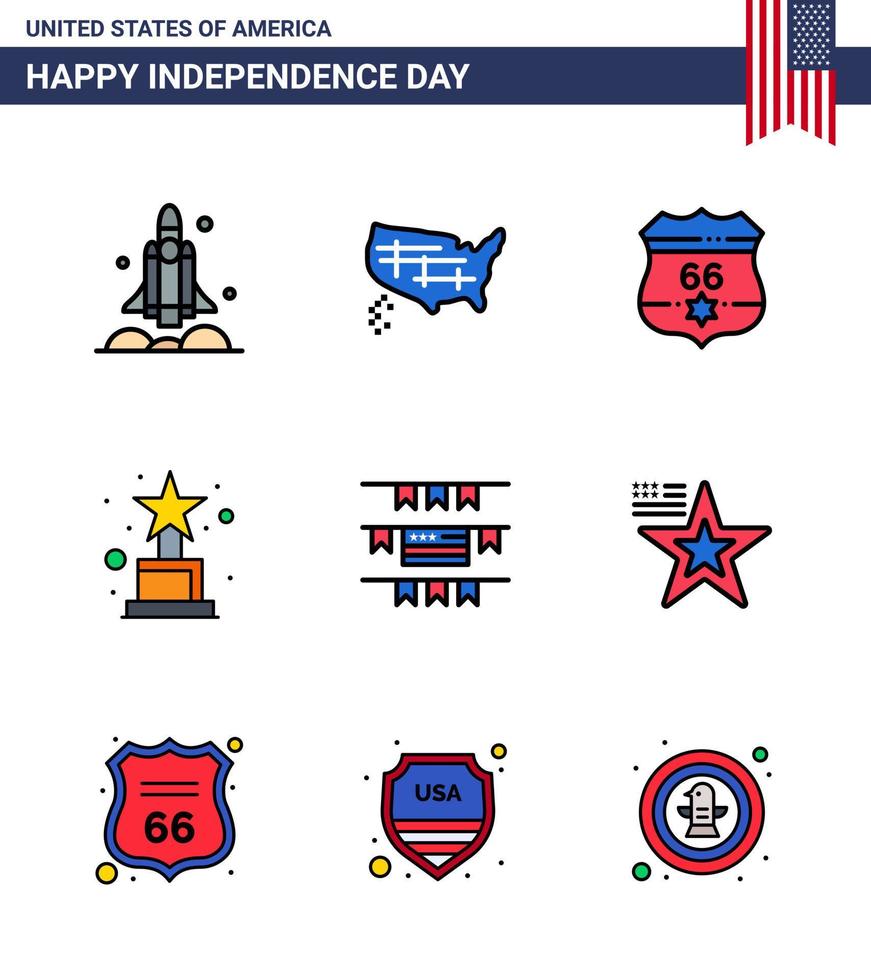 conjunto de 9 iconos del día de los ee.uu. símbolos americanos signos del día de la independencia para la decoración de la fiesta trofeo ee.uu. premio seguridad editable elementos de diseño del vector del día de los ee.uu.