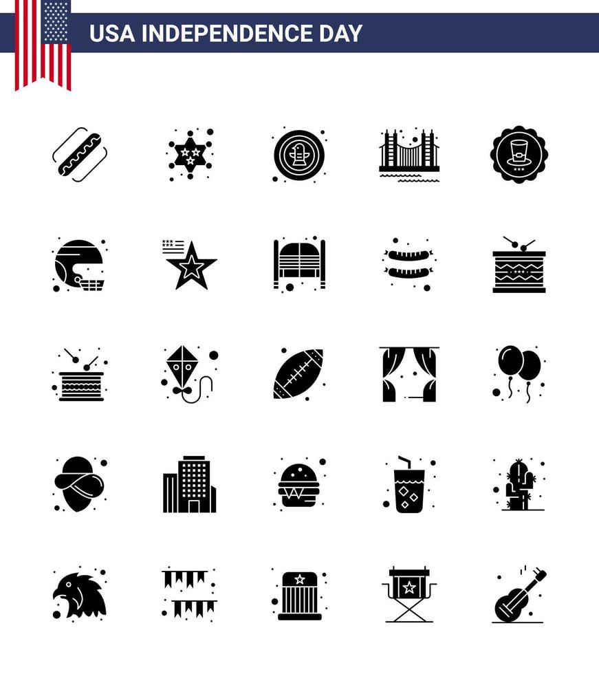 Modern Set of 25 Solid Glyph and symbols on USA Independence Day such as tourism golden american gate badge Editable USA Day Vector Design Elements