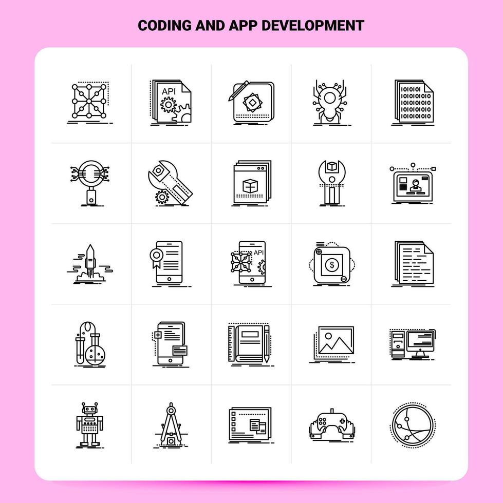 OutLine 25 Coding And App Development Icon set Vector Line Style Design Black Icons Set Linear pictogram pack Web and Mobile Business ideas design Vector Illustration