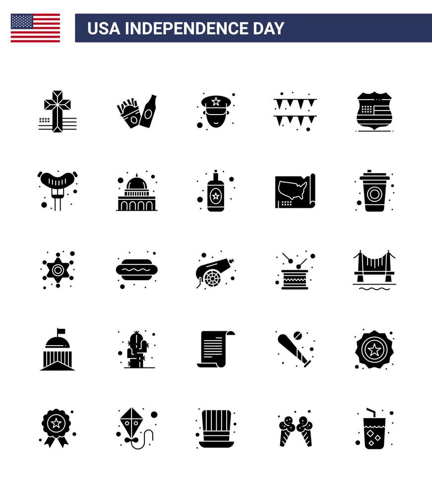 25 signos de glifo sólido para el día de la independencia de estados unidos policía de seguridad de frankfurt escudo de estados unidos elementos de diseño vectorial editables del día de estados unidos vector