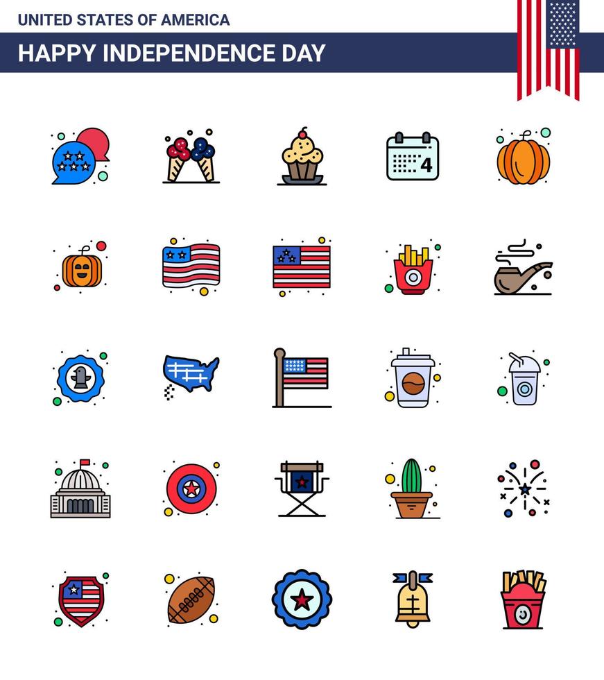 Group of 25 Flat Filled Lines Set for Independence day of United States of America such as american date cake day thanksgiving Editable USA Day Vector Design Elements