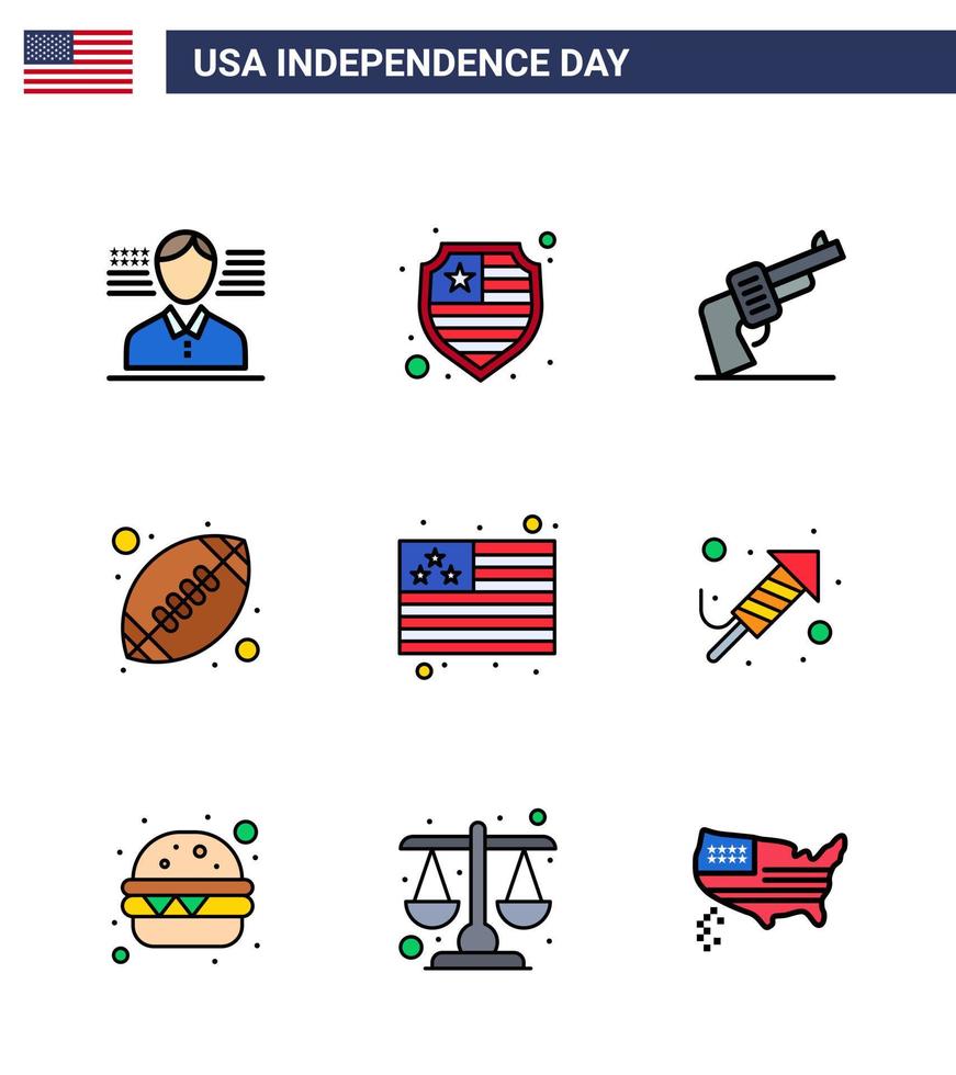 Happy Independence Day Pack of 9 Flat Filled Lines Signs and Symbols for fire work flag weapon country sports Editable USA Day Vector Design Elements