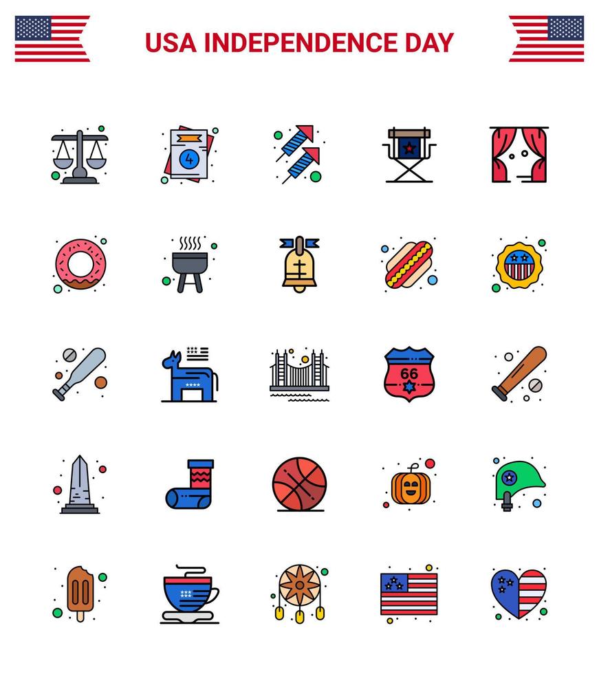 USA Happy Independence DayPictogram Set of 25 Simple Flat Filled Lines of entertainment star celebration movies chair Editable USA Day Vector Design Elements