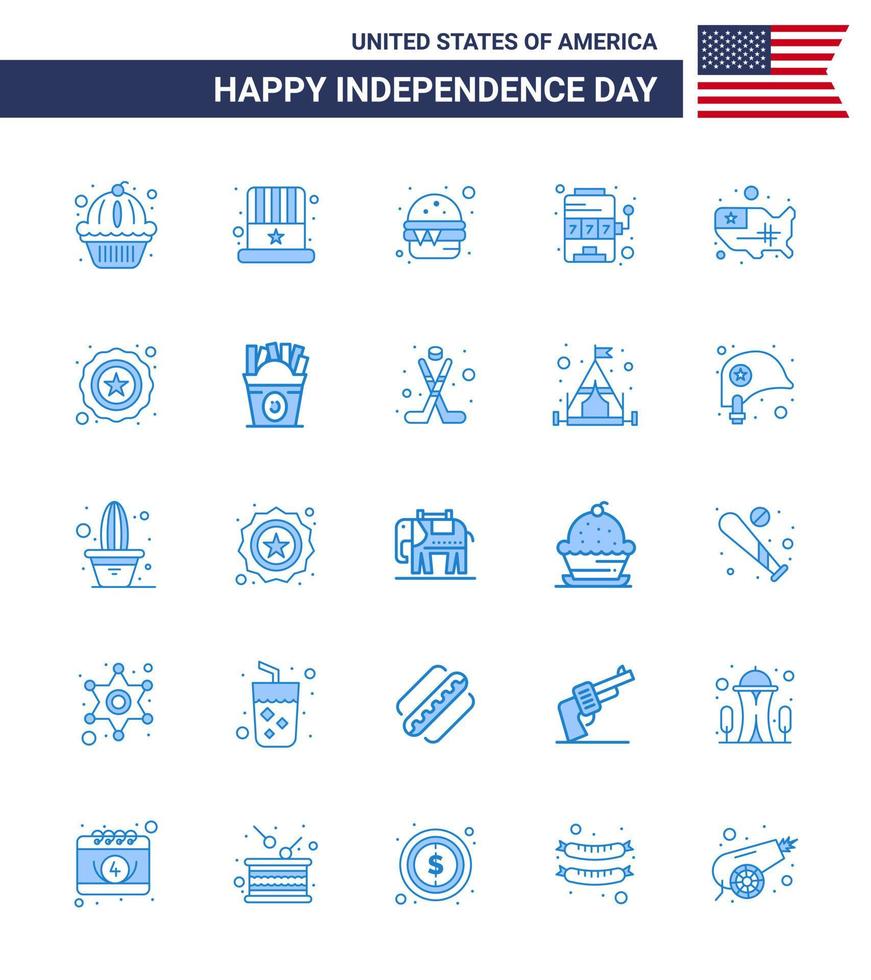 feliz día de la independencia 4 de julio conjunto de 25 pictogramas americanos de blues de los estados juego burger slot casino elementos de diseño vectorial del día de estados unidos editables vector