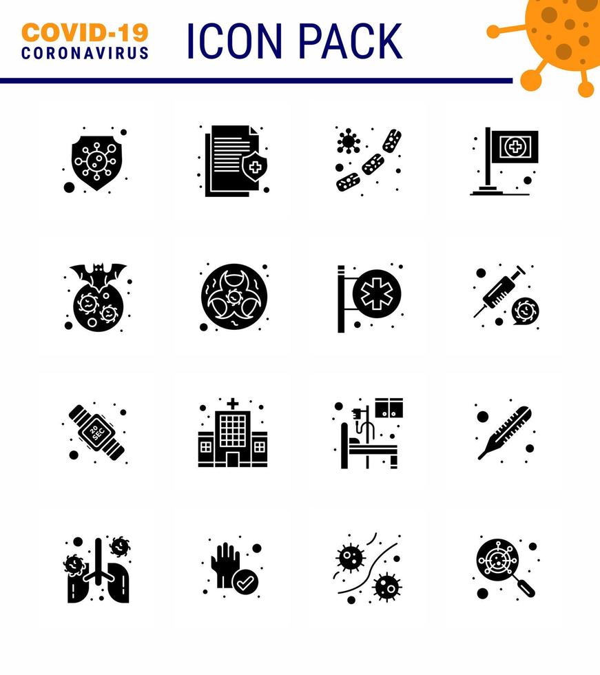 Covid19 Protection CoronaVirus Pendamic 16 Solid Glyph Black icon set such as bat flag protect assistance virus viral coronavirus 2019nov disease Vector Design Elements