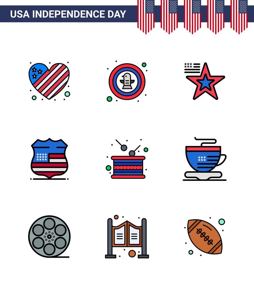 Happy Independence Day USA Pack of 9 Creative Flat Filled Lines of day usa badge sign usa Editable USA Day Vector Design Elements