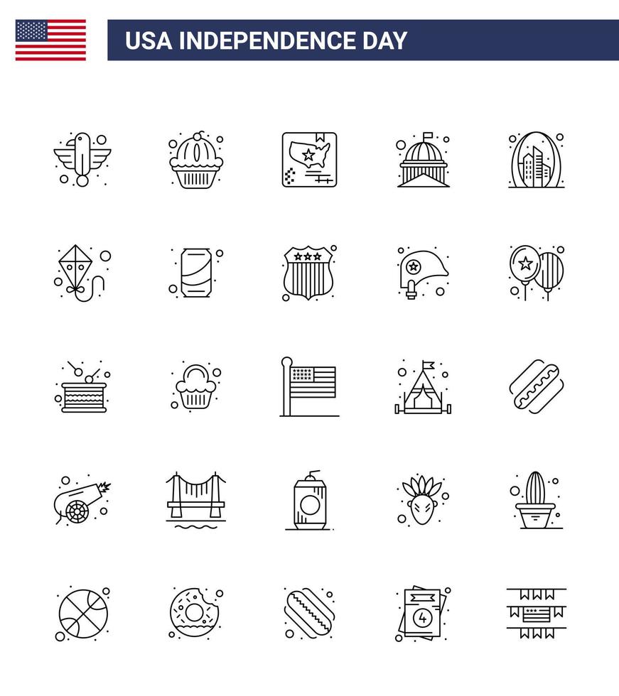 paquete de línea de 25 símbolos del día de la independencia de estados unidos de elementos de diseño de vector de día de estados unidos editables en el mundo blanco