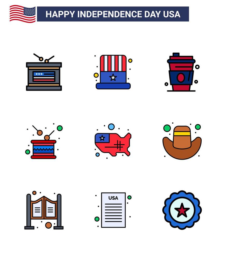 Happy Independence Day Pack of 9 Flat Filled Lines Signs and Symbols for map independence alcohol holiday day Editable USA Day Vector Design Elements