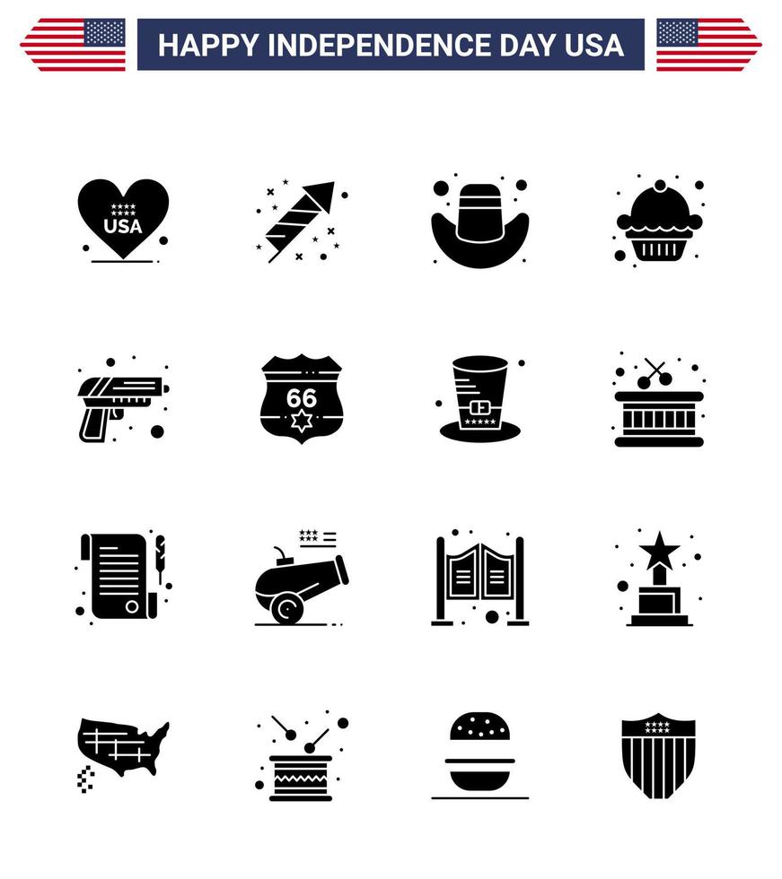 Happy Independence Day Pack of 16 Solid Glyphs Signs and Symbols for weapon security american gun dessert Editable USA Day Vector Design Elements