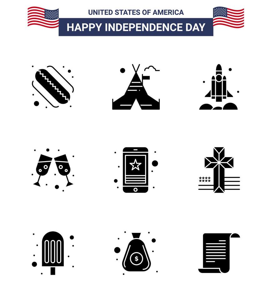 Group of 9 Solid Glyphs Set for Independence day of United States of America such as smart phone cell rocket wine glass beer Editable USA Day Vector Design Elements