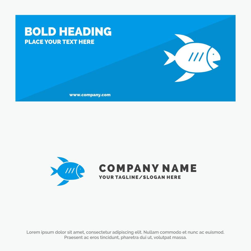 banner de sitio web de icono sólido de mar de pescado de costa de playa y plantilla de logotipo de empresa vector