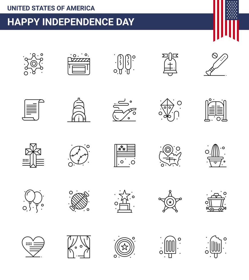 Happy Independence Day 4th July Set of 25 Lines American Pictograph of sports baseball hot dog ball american Editable USA Day Vector Design Elements
