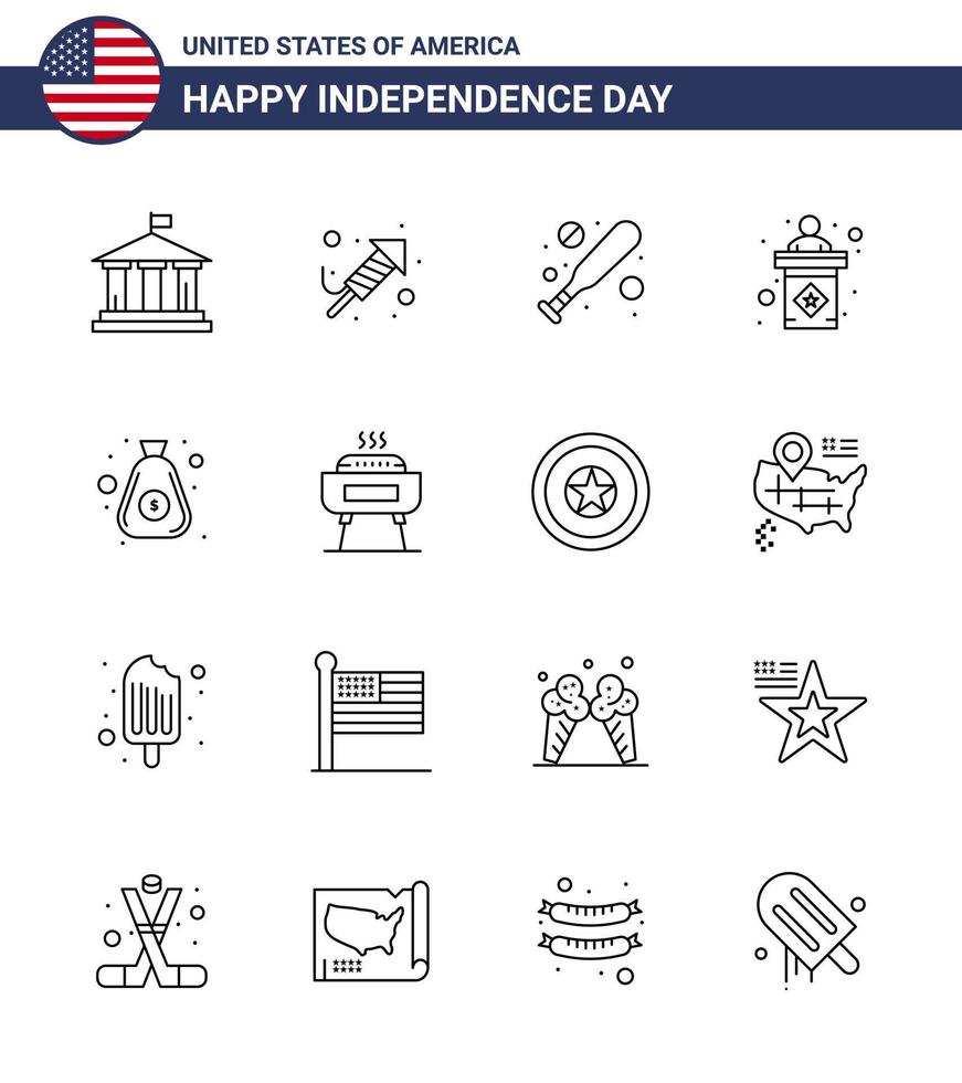 USA Happy Independence DayPictogram Set of 16 Simple Lines of bag dollar baseball sign election Editable USA Day Vector Design Elements