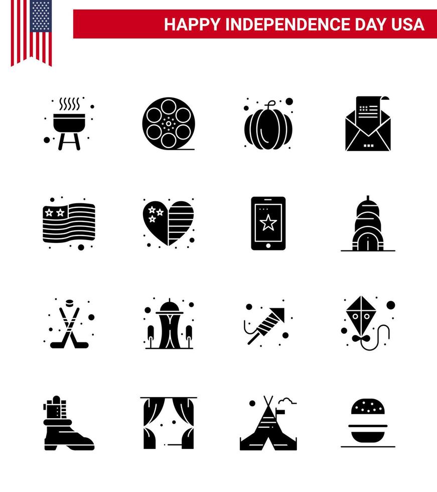 Happy Independence Day 4th July Set of 16 Solid Glyphs American Pictograph of usa country pumpkin mail greeting Editable USA Day Vector Design Elements