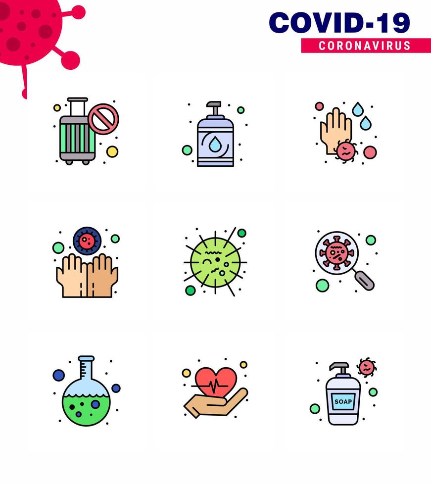 9 paquete de iconos de epidemia de coronavirus de color plano de línea llena chupar como influenza infectar manos manos sucio coronavirus viral 2019nov enfermedad vector elementos de diseño