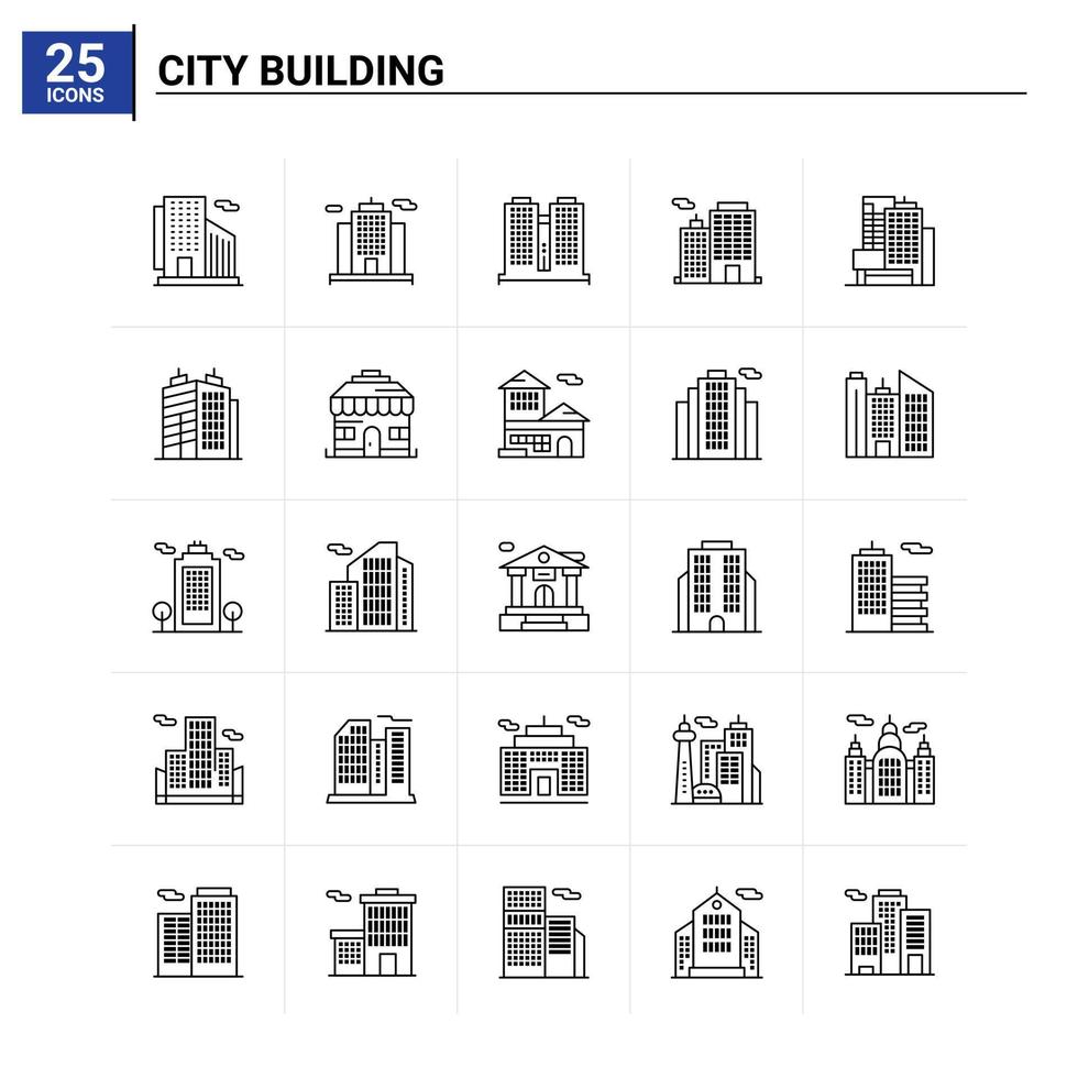 Fondo de vector de conjunto de iconos de edificio de 25 ciudades