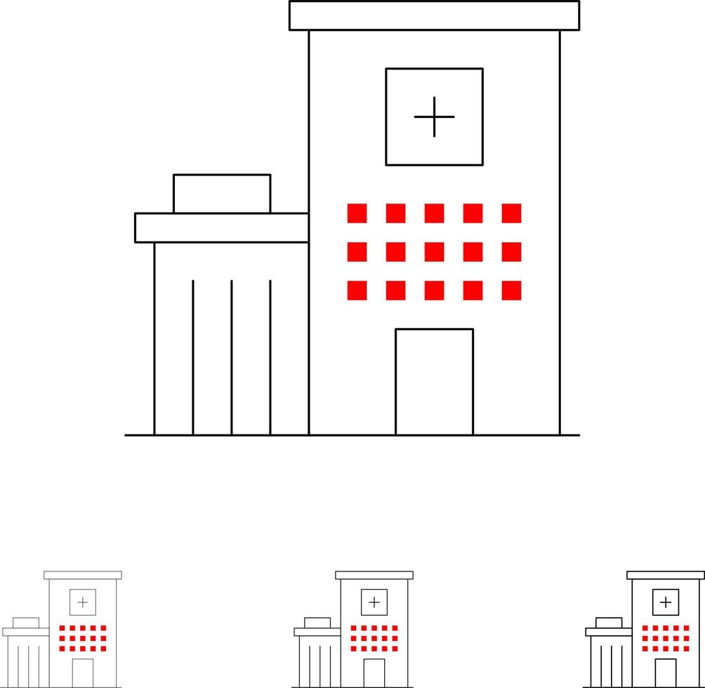 Hospital Building Clinic Medical Bold and thin black line icon set vector