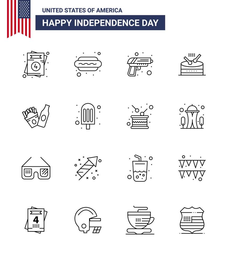 conjunto de 16 líneas modernas paquete en el día de la independencia de estados unidos frise desfile pistola música tambor elementos de diseño vectorial del día de estados unidos editables vector