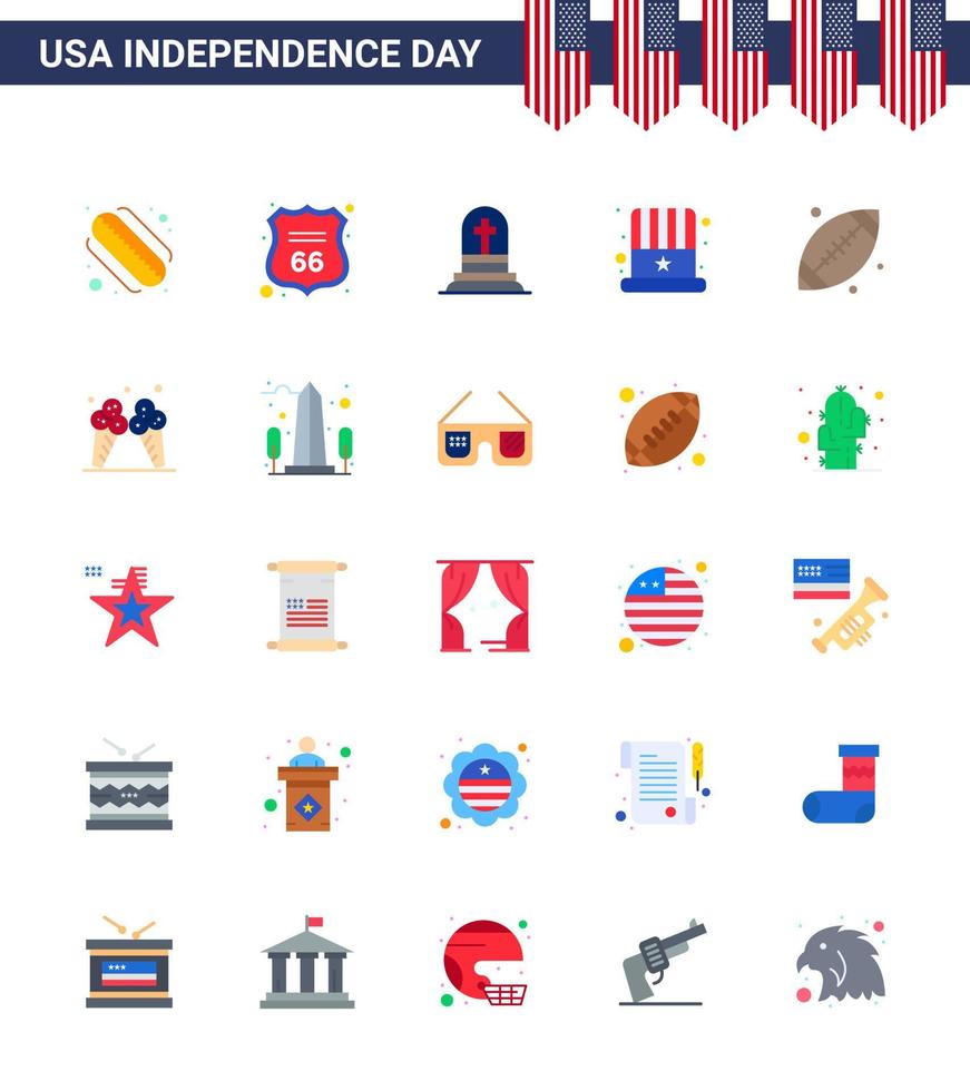 Big Pack of 25 USA Happy Independence Day USA Vector Flats and Editable Symbols of sport ball grave usa cap Editable USA Day Vector Design Elements
