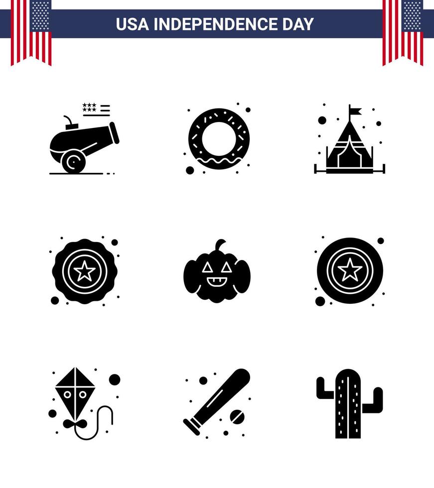 feliz día de la independencia usa paquete de 9 glifos sólidos creativos de la policía usa camping americano usa elementos de diseño vectorial editables del día de usa vector