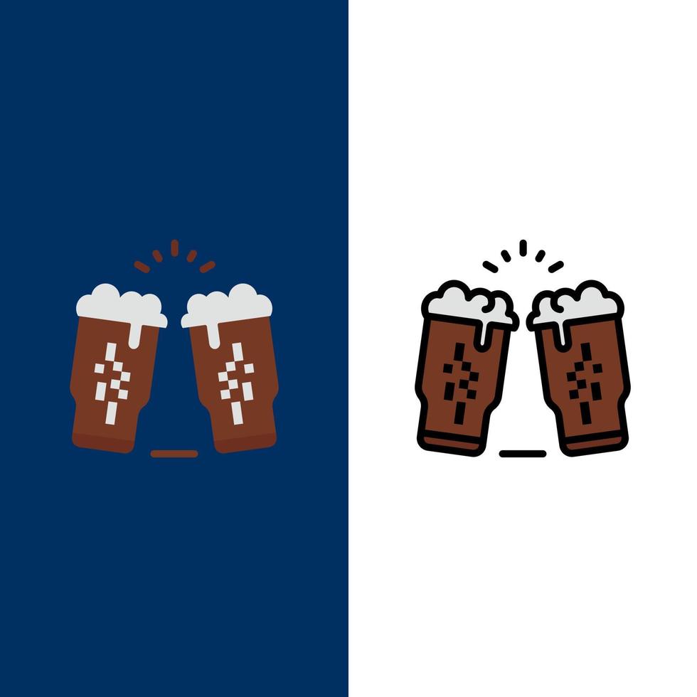 cerveza bebida copa de vino irlanda iconos planos y llenos de línea conjunto de iconos vector fondo azul