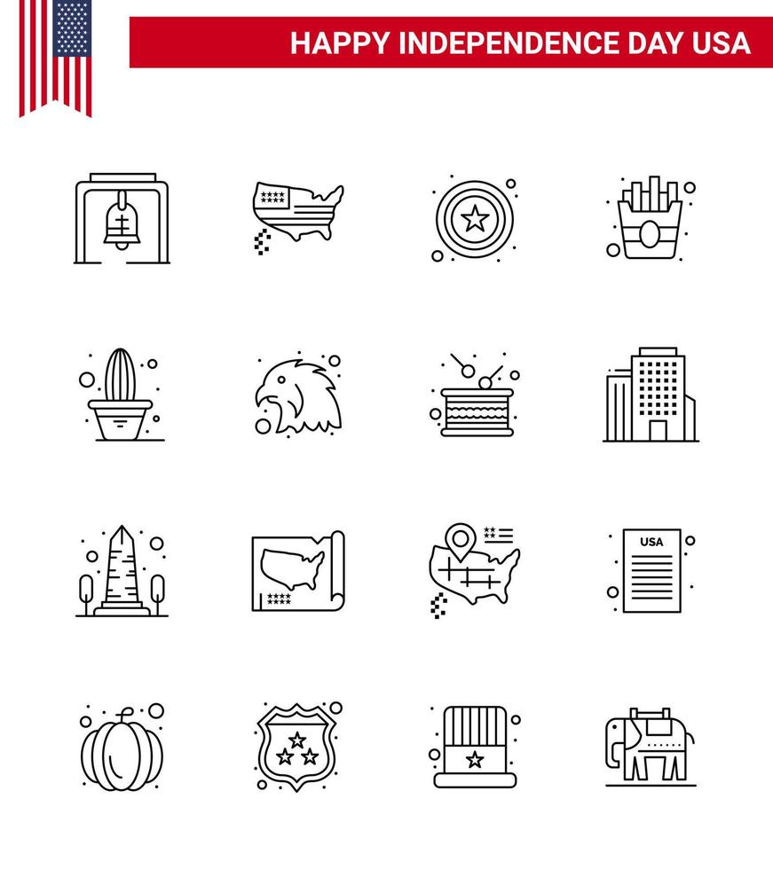 16 iconos creativos de EE. UU. Signos de independencia modernos y símbolos del 4 de julio de maceta flor policía cactus comida editable día de EE. UU. Elementos de diseño vectorial vector