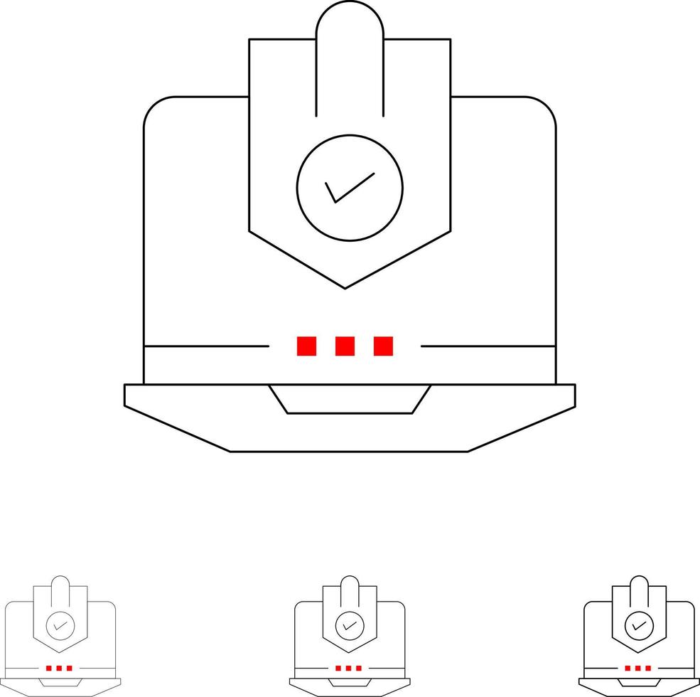 antivirus equipo internet portátil protegido protección seguridad audaz y delgada línea negra conjunto de iconos vector