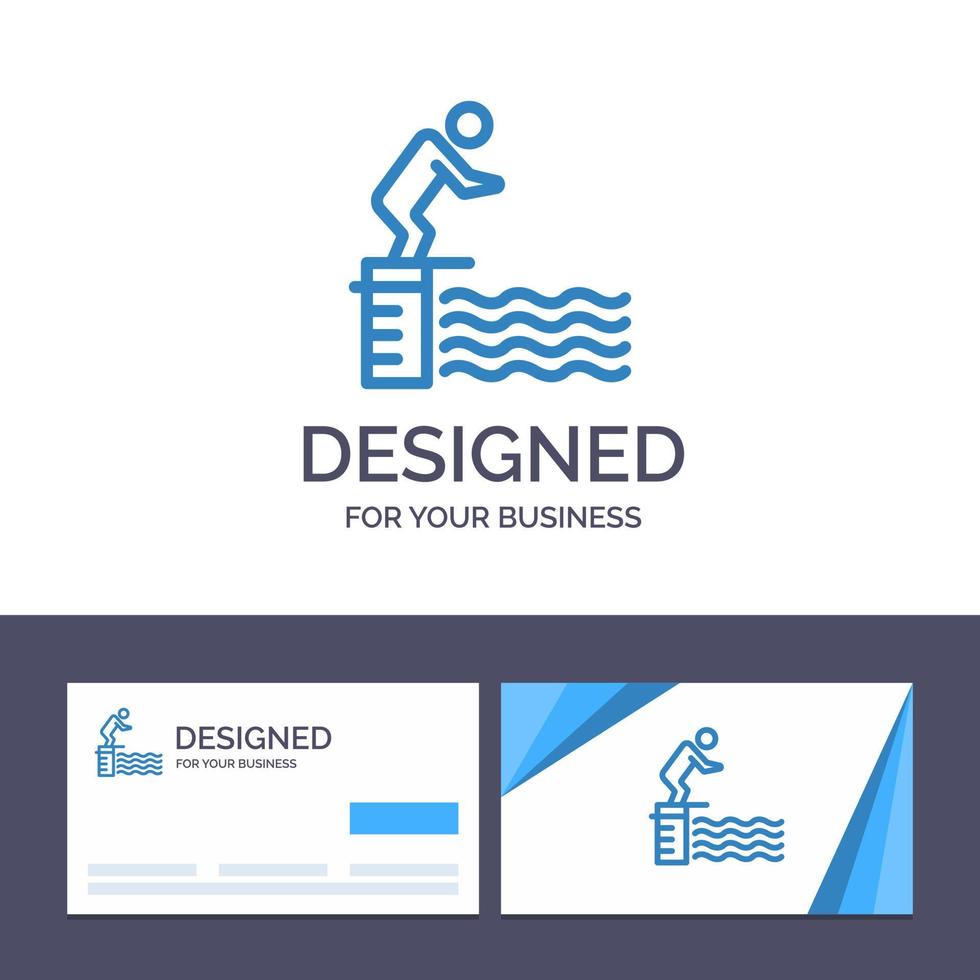 tarjeta de visita creativa y plantilla de logotipo buceo salto plataforma piscina deporte vector ilustración