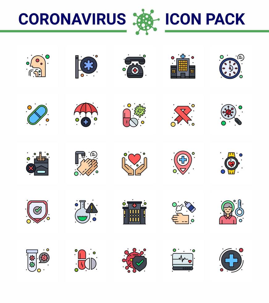 Corona virus 2019 and 2020 epidemic 25 Flat Color Filled Line icon pack such as clock clinic pharmacy building emergency viral coronavirus 2019nov disease Vector Design Elements