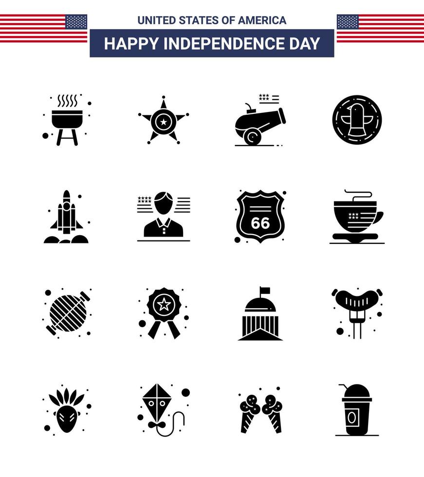 16 Solid Glyph Signs for USA Independence Day spaceship launcher cannon eagle bird Editable USA Day Vector Design Elements
