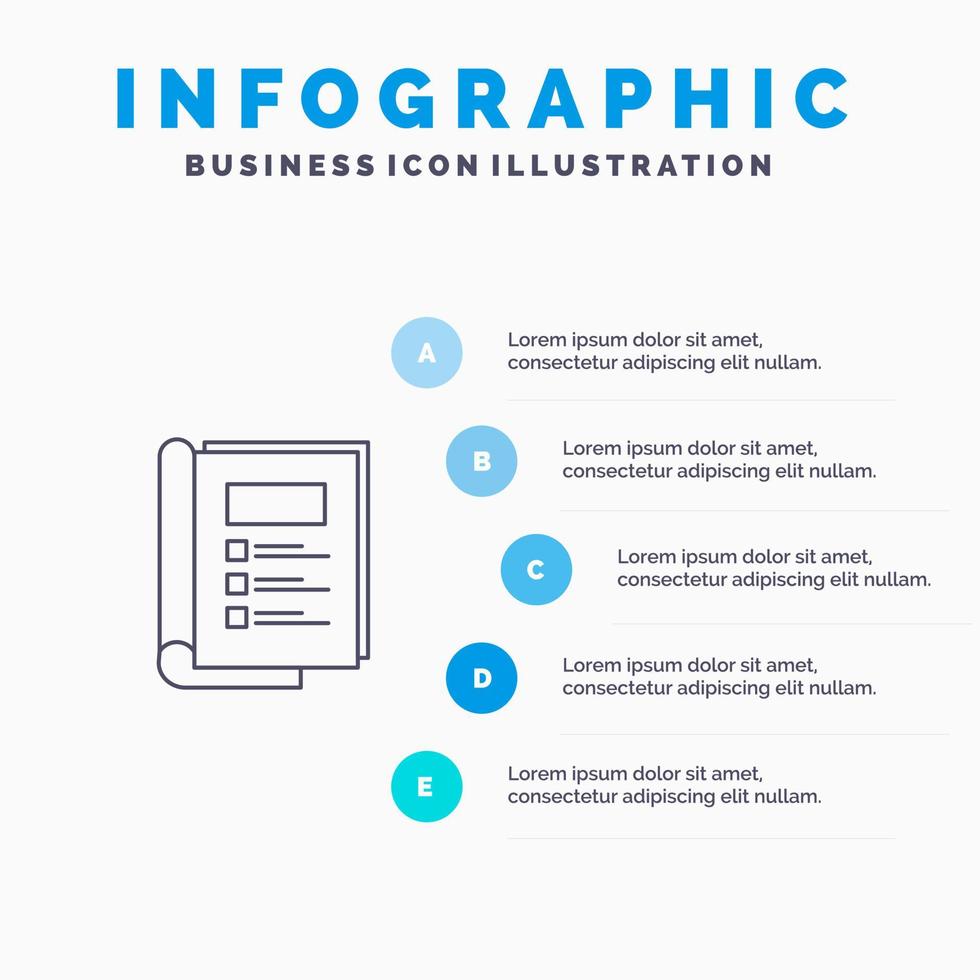 icono de línea de informe de diseño de paquete de libro con fondo de infografía de presentación de 5 pasos vector