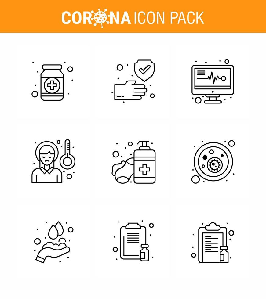 Coronavirus Awareness icon 9 Line icons icon included sickness fever pain protection headache reports viral coronavirus 2019nov disease Vector Design Elements