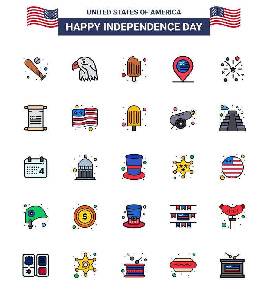 Pack of 25 creative USA Independence Day related Flat Filled Lines of firework map usa location ice cream Editable USA Day Vector Design Elements
