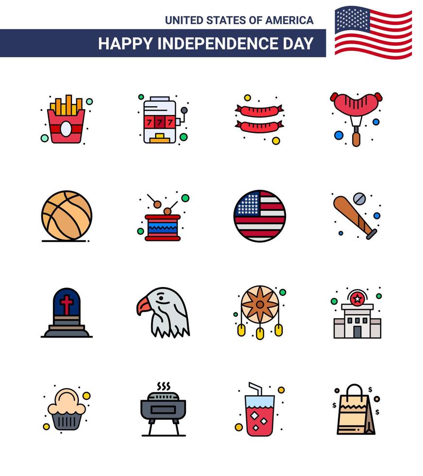 4th July USA Happy Independence Day Icon Symbols Group of 16 Modern Flat Filled Lines of independence drum frankfurter day american Editable USA Day Vector Design Elements