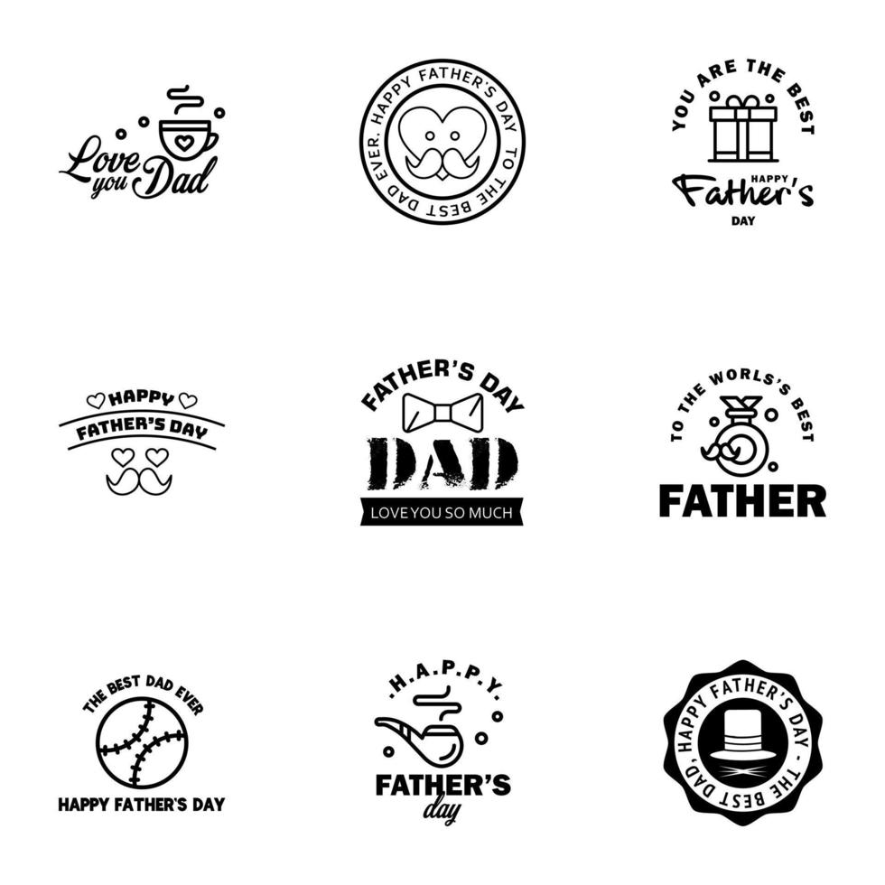 feliz día del padre saludo mano letras insignias 9 negro error tipográfico aislado en blanco plantilla de diseño de tipografía para cartel banner tarjeta de regalo camiseta impresión etiqueta pegatina retro estilo vintage vector il