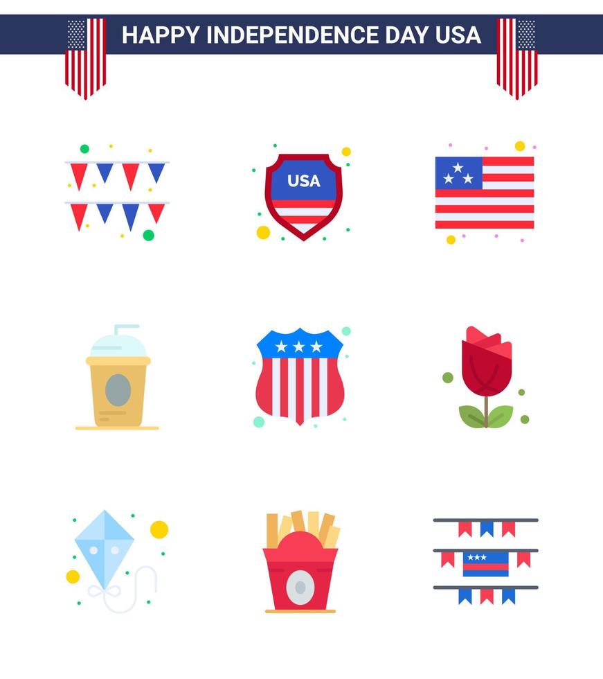 Stock Vector Icon Pack of American Day 9 Line Signs and Symbols for usa police badge flag independece drink Editable USA Day Vector Design Elements