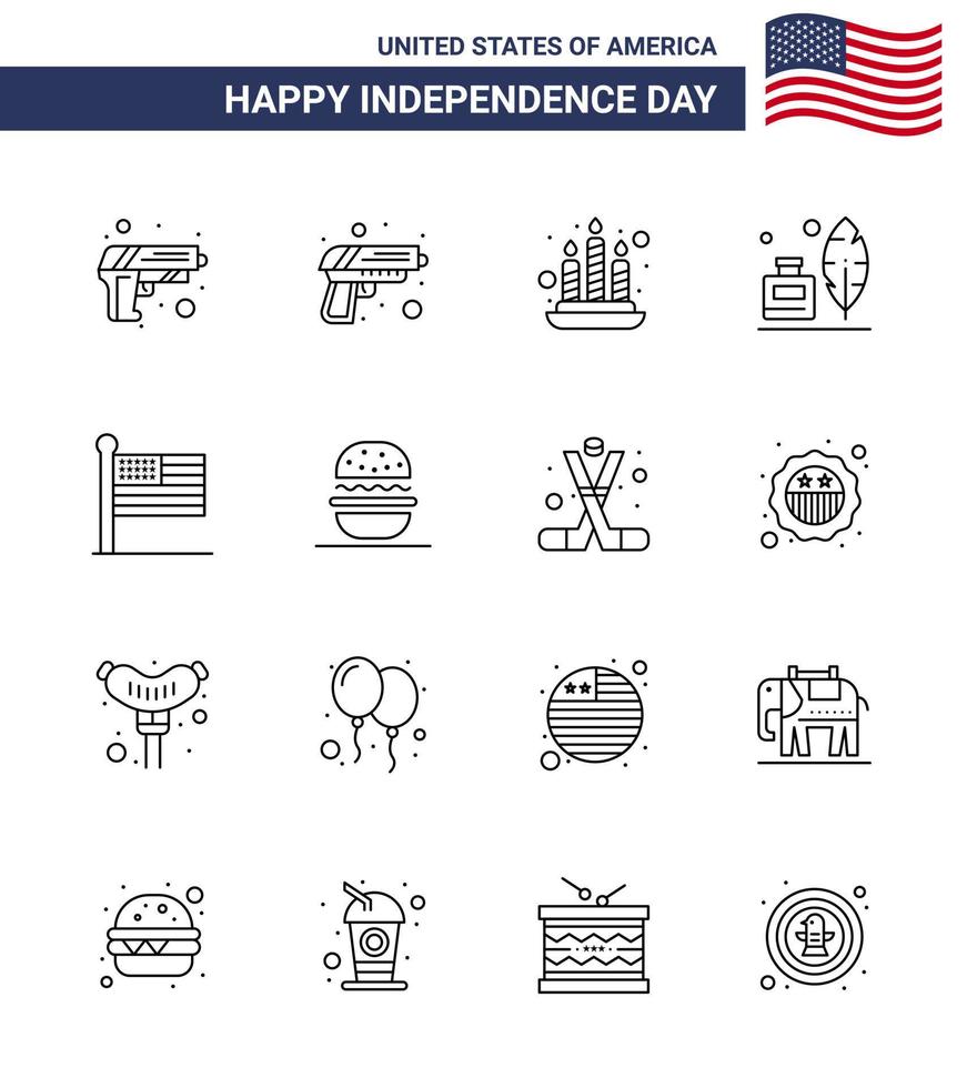 4th July USA Happy Independence Day Icon Symbols Group of 16 Modern Lines of american burger feather usa states Editable USA Day Vector Design Elements