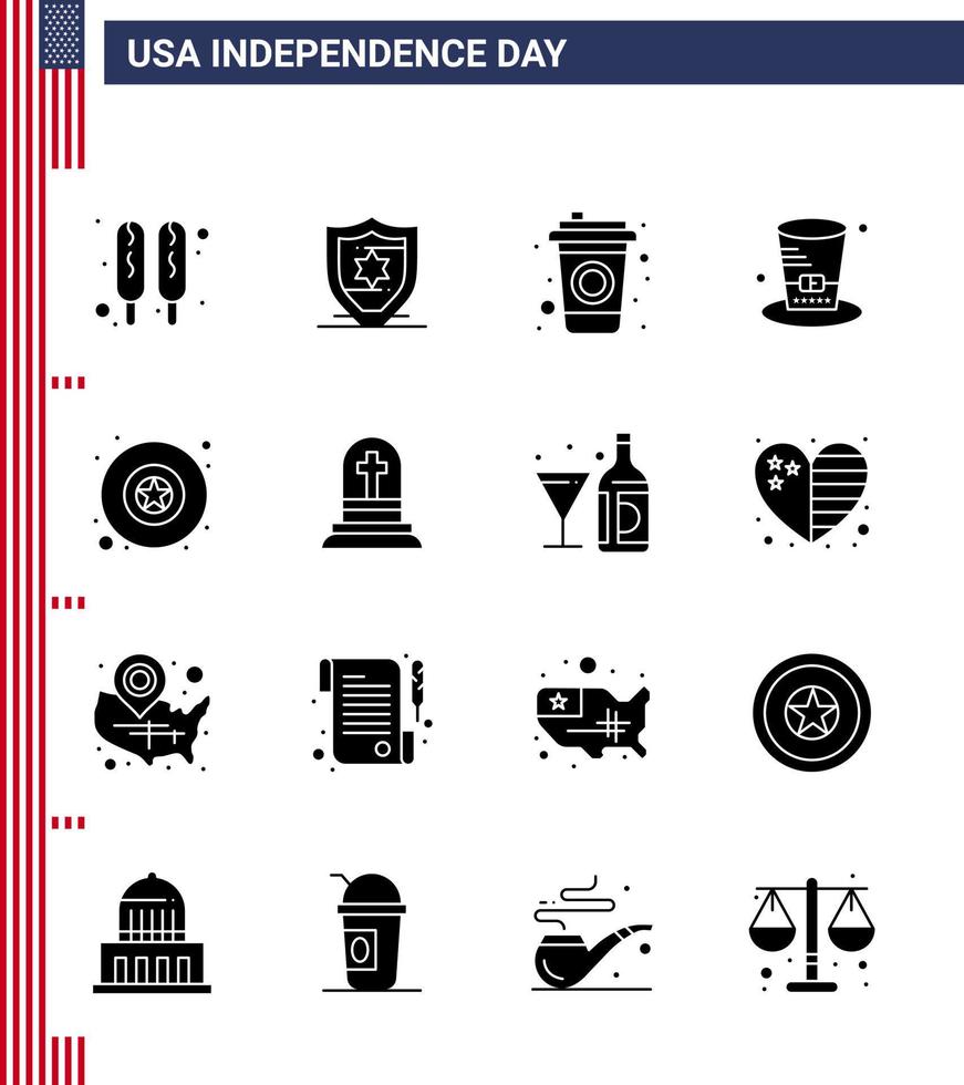 Stock Vector Icon Pack of American Day 16 Solid Glyph Signs and Symbols for grave star drink military usa Editable USA Day Vector Design Elements