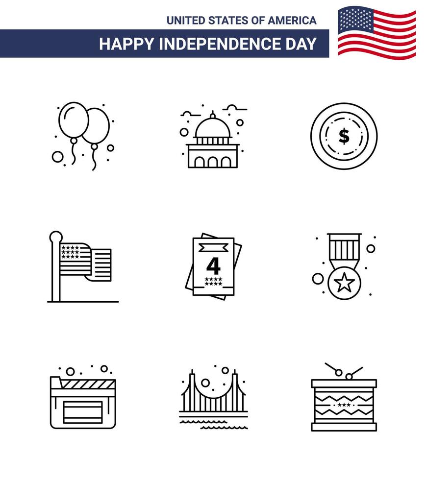 Happy Independence Day 9 Lines Icon Pack for Web and Print love usa white thanksgiving american Editable USA Day Vector Design Elements