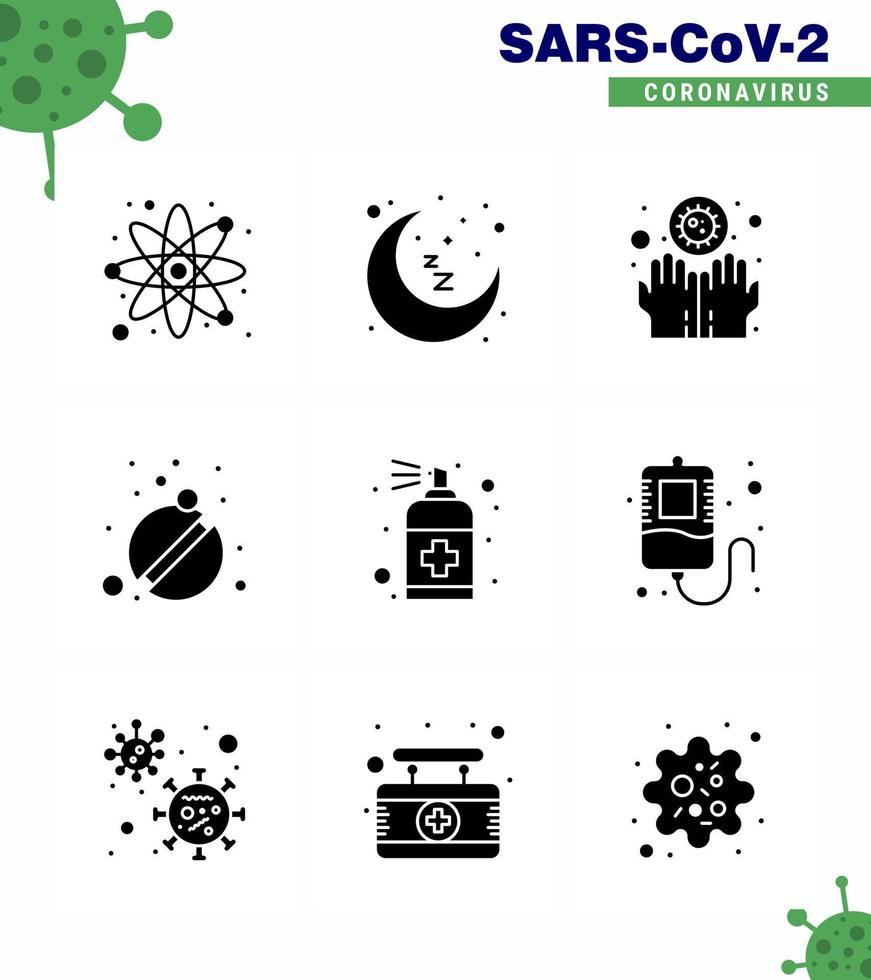 Coronavirus Prevention Set Icons 9 Solid Glyph Black icon such as bottle care dirty tablets medicine viral coronavirus 2019nov disease Vector Design Elements