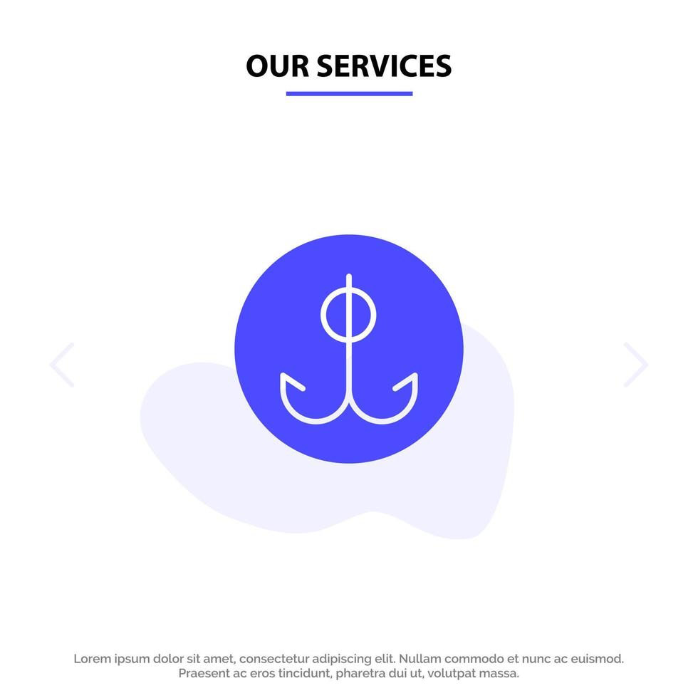 nuestros servicios anzuelo de pesca señuelo deporte icono de glifo sólido plantilla de tarjeta web vector