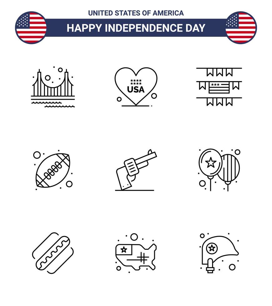 Happy Independence Day USA Pack of 9 Creative Lines of hand american ball usa sports ball Editable USA Day Vector Design Elements