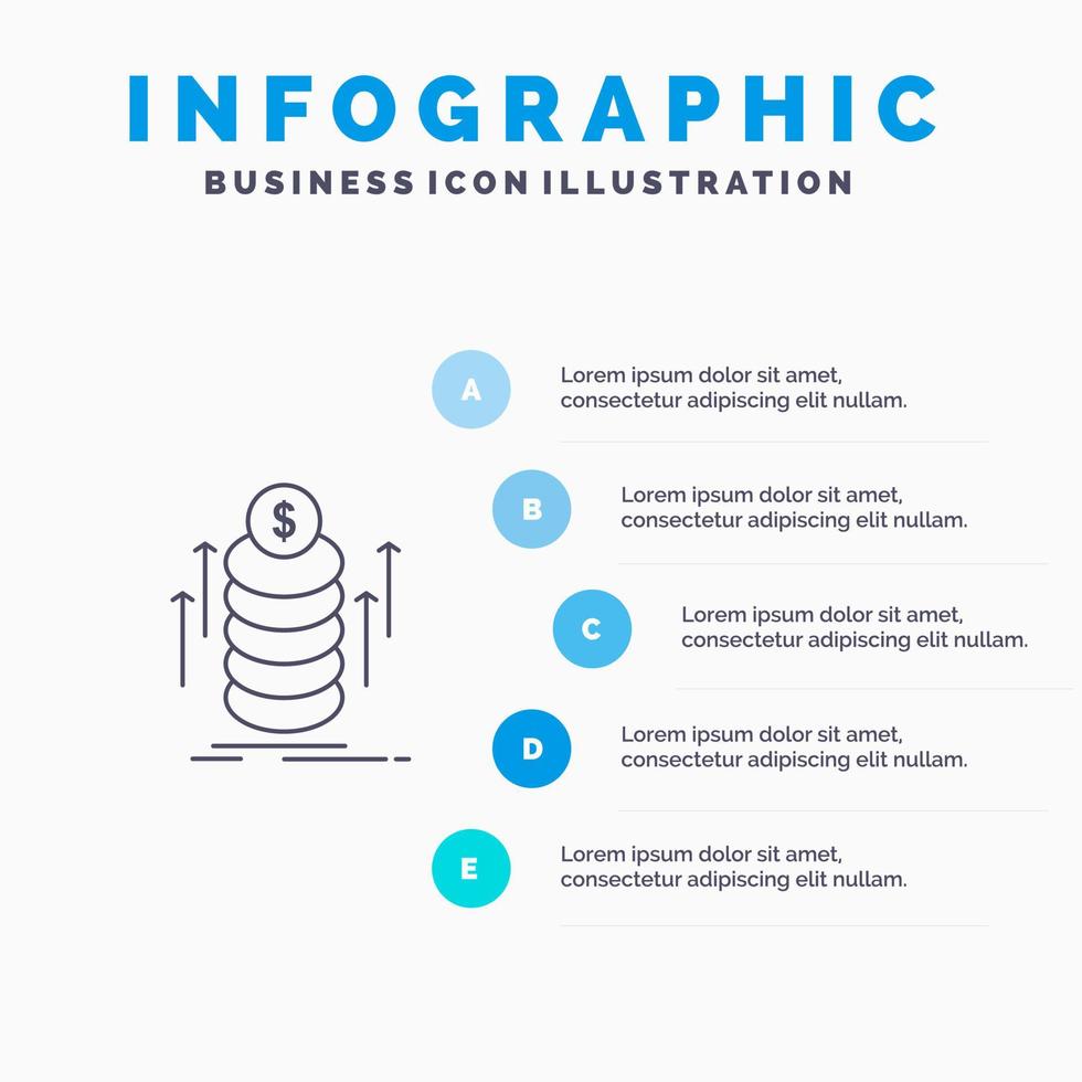 icono de línea de monedas de transferencia de paquete de dinero con fondo de infografía de presentación de 5 pasos vector