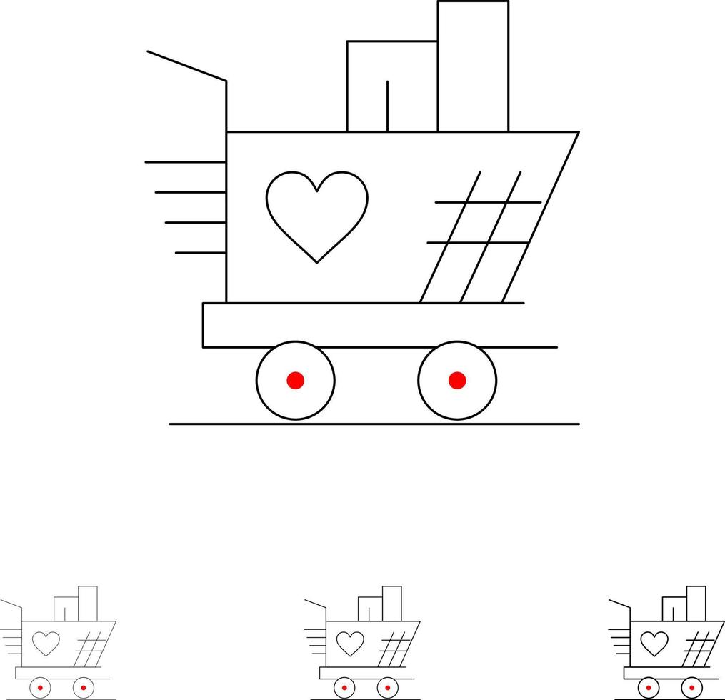 Trolley Love Wedding Heart Bold and thin black line icon set vector