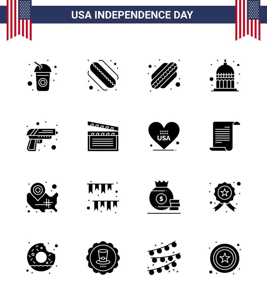 Big Pack of 16 USA Happy Independence Day USA Vector Solid Glyphs and Editable Symbols of video american indianapolis weapon security Editable USA Day Vector Design Elements