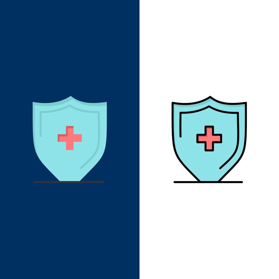 iconos de escudo de tablero de letrero de hospital plano y conjunto de iconos llenos de línea vector fondo azul