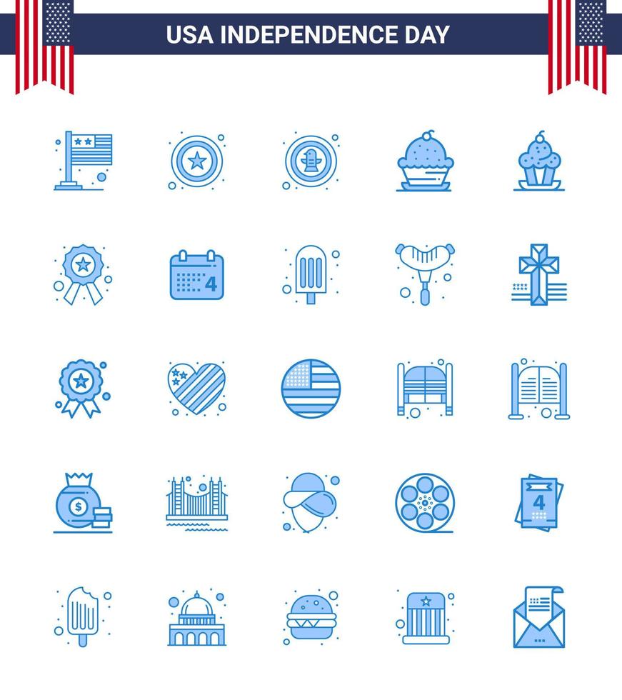 4th July USA Happy Independence Day Icon Symbols Group of 25 Modern Blues of badge sweet bird muffin cake Editable USA Day Vector Design Elements