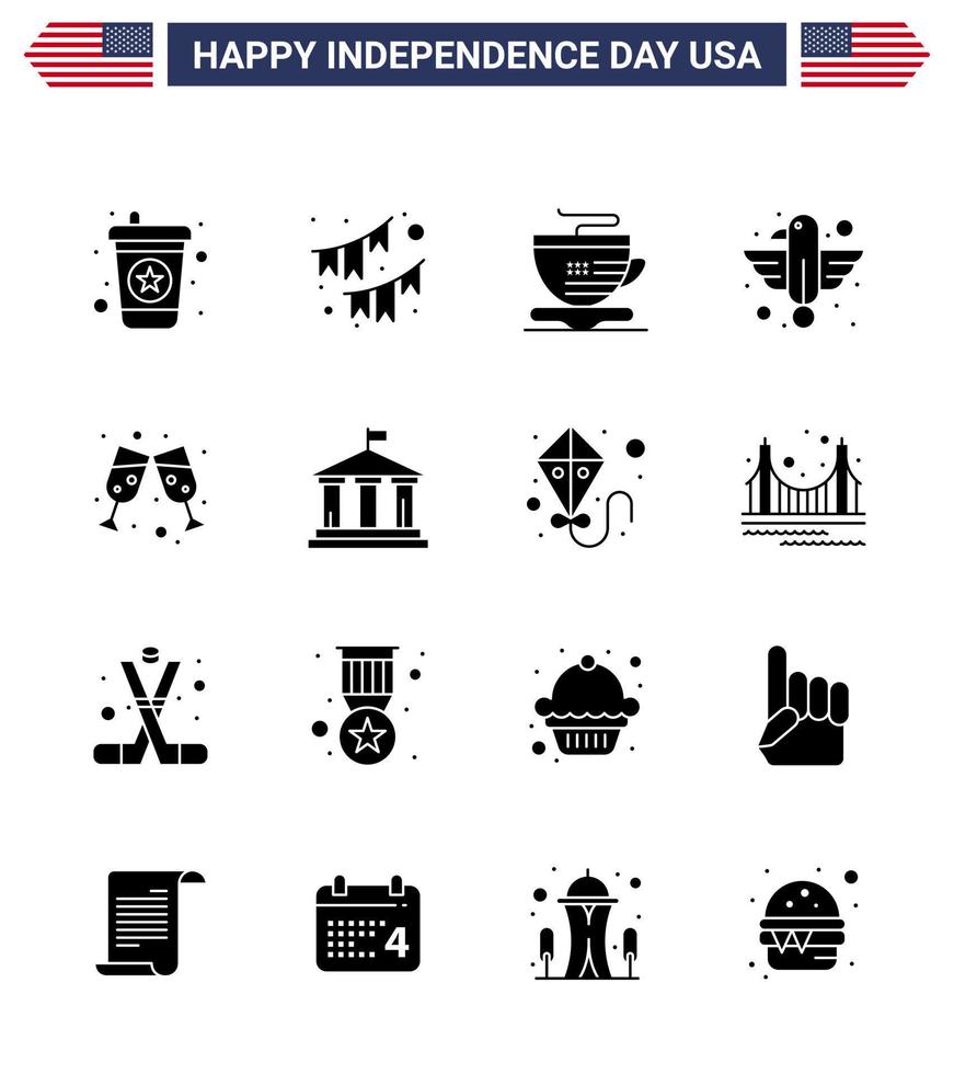 4th July USA Happy Independence Day Icon Symbols Group of 16 Modern Solid Glyphs of wine state tea eagle animal Editable USA Day Vector Design Elements